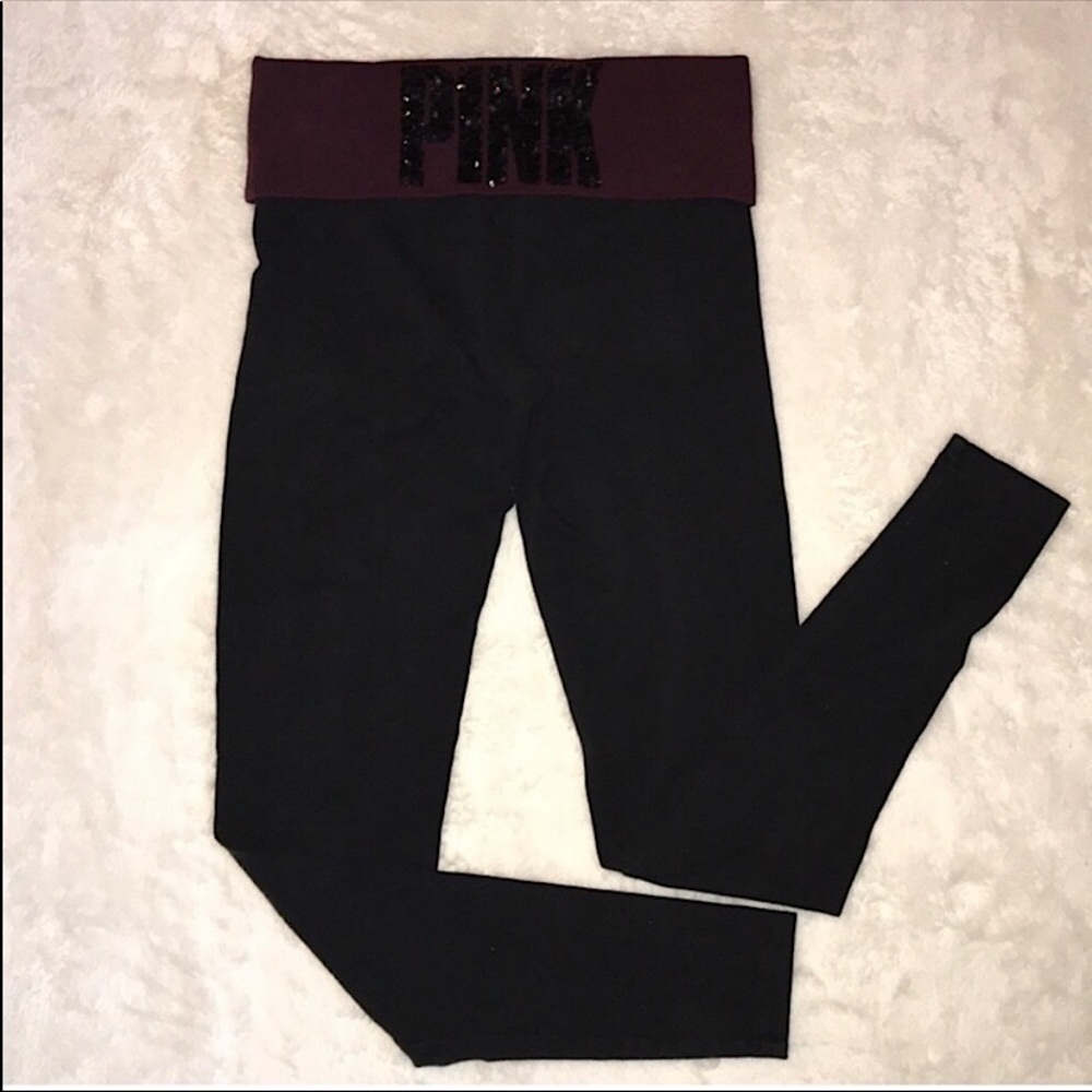 PINK Victoria's Secret • Burgundy & Black Sequin Fold-Over Leggings ♥️